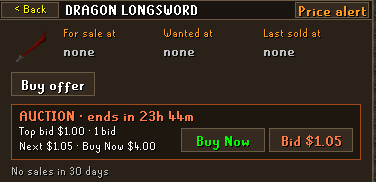 A Dragon longsword auction: top bid $1.00 with 1 bid, next $1.05, Buy Now $4.00, ends in 23h 44m
