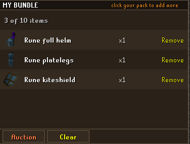 My bundle: Rune full helm, Rune platelegs and Rune kiteshield, 3 of 10 items, with the Auction button