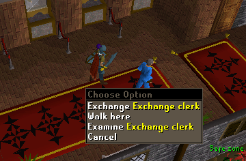 Inside Varrock West Bank: the right-click menu on the Exchange clerk, Exchange at the top