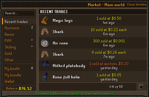 The Market window in the game, open on Recent trades: each item with its dollar price and when it sold