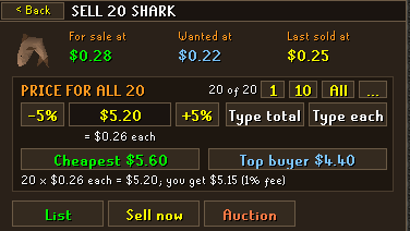 The SELL screen for 20 Shark: the price for all 20, Cheapest and Top buyer, then List, Sell now and Auction
