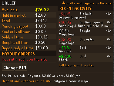 The Wallet: Available, Held in market, Total and the rest, the payout address, Change PIN and recent activity