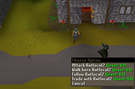 Outside Varrock West Bank, a level 82 right-clicks a level 61 player: Attack, Walk here, Follow, Trade with.