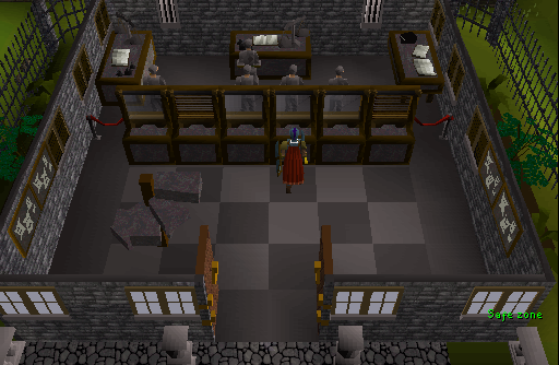 Inside Varrock East Bank: booths and bankers, a player in the hall, the meter reading Safe zone.