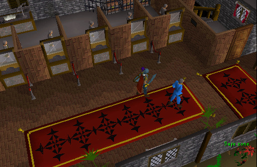 Inside Varrock West Bank: booths and bankers, the Exchange clerk on the carpet beside a player, the meter reading Safe zone.